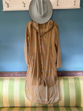 Kozii 100% modal Button-Front Relaxed hooded Tunic Top Mustard Stripe sz medium
